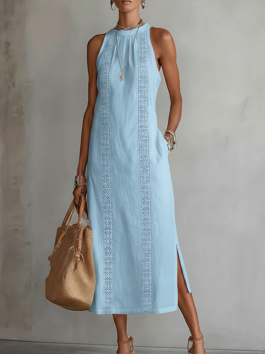 Modernes Damenkleid Jimena in Midilänge mit Mao-Kragen, vielseitig kombinierbar für jeden Stil.