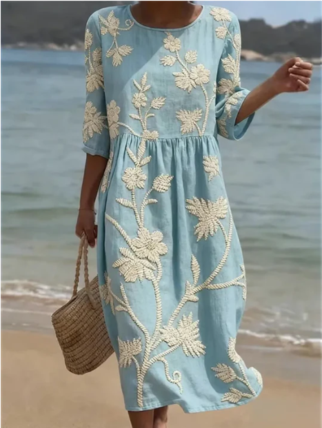Damen Midi-Kleid mit elegantem Blumenmuster, leicht und sommerlich, ideal als Freizeit- oder Frühlingskleid.