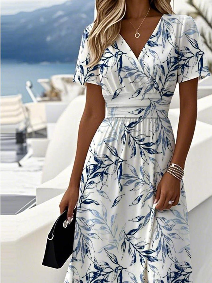 Elegantes Damen Sommer Midikleid mit blumigem Muster, V-Ausschnitt. Ideal als Freizeitkleid oder für den Alltag.