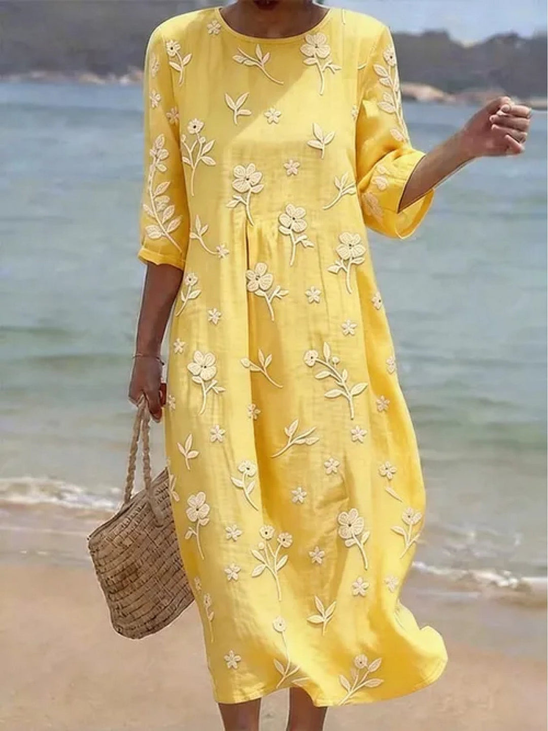 Damen Midikleid in A-Linie, bestickt und zitronengelb. Elegantes Sommerkleid mit Mid-Sleeves, ideal für Freizeit & Alltag.