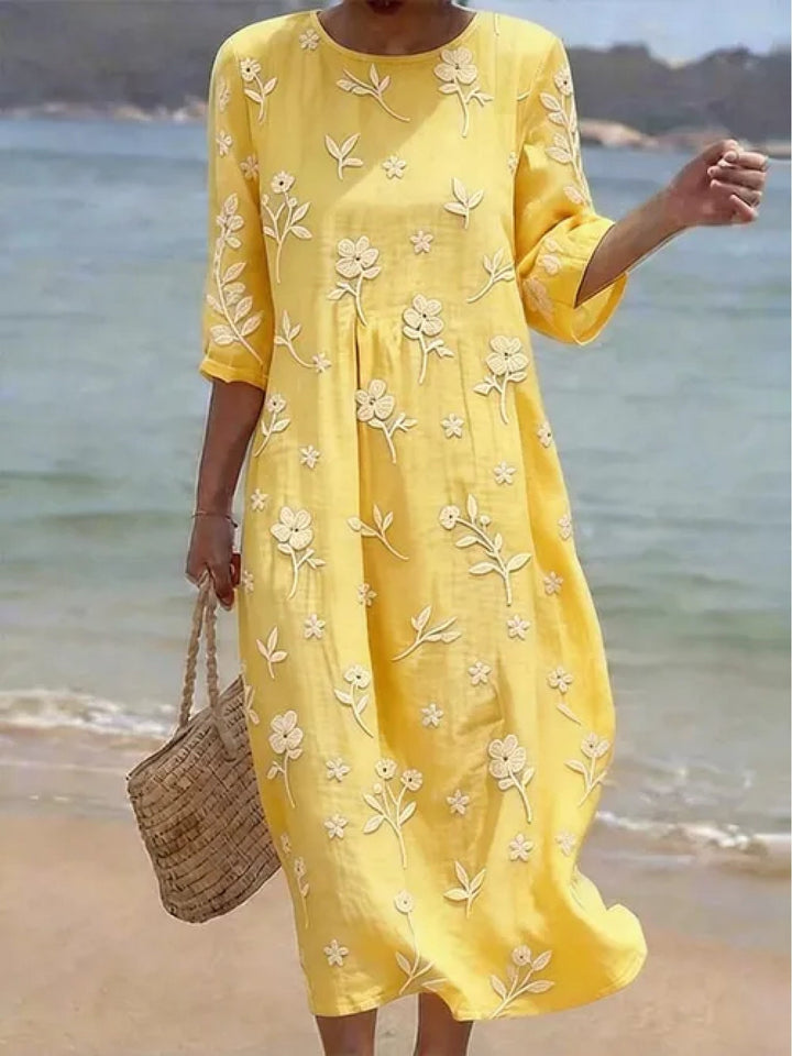 Damen Midikleid in A-Linie, bestickt und zitronengelb. Elegantes Sommerkleid mit Mid-Sleeves, ideal für Freizeit & Alltag.