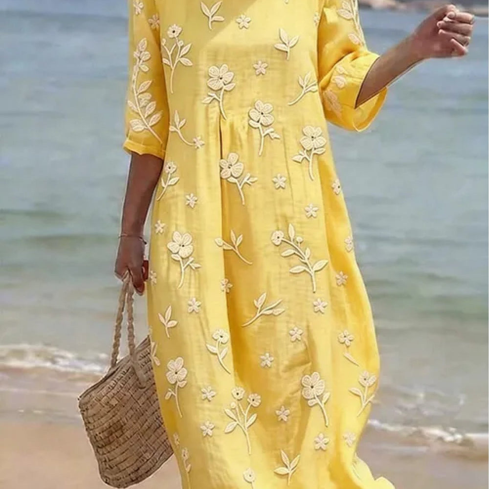 Modisches zitronengelbes Damen A-Linien Kleid mit Bestickung. Knielanges Freizeitkleid, elegant und perfekt für den Sommer.