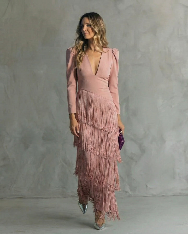 Damen Midikleid mit eleganten Fransenärmeln und V-Ausschnitt, perfekt für festliche Anlässe und Partys.