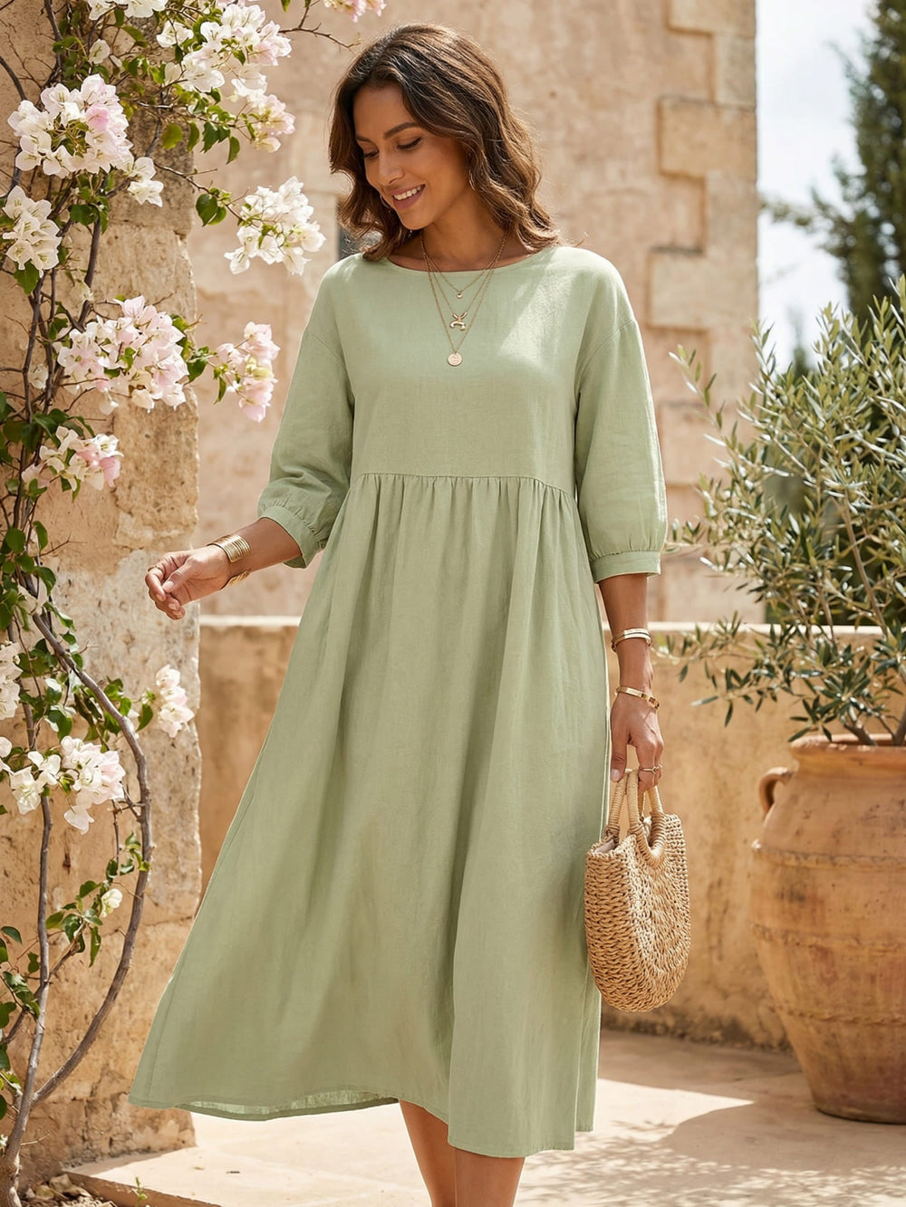 Elegantes Damen Midikleid "Selina" mit Rundhalsausschnitt & Laternenärmeln für festliche Anlässe & Business.