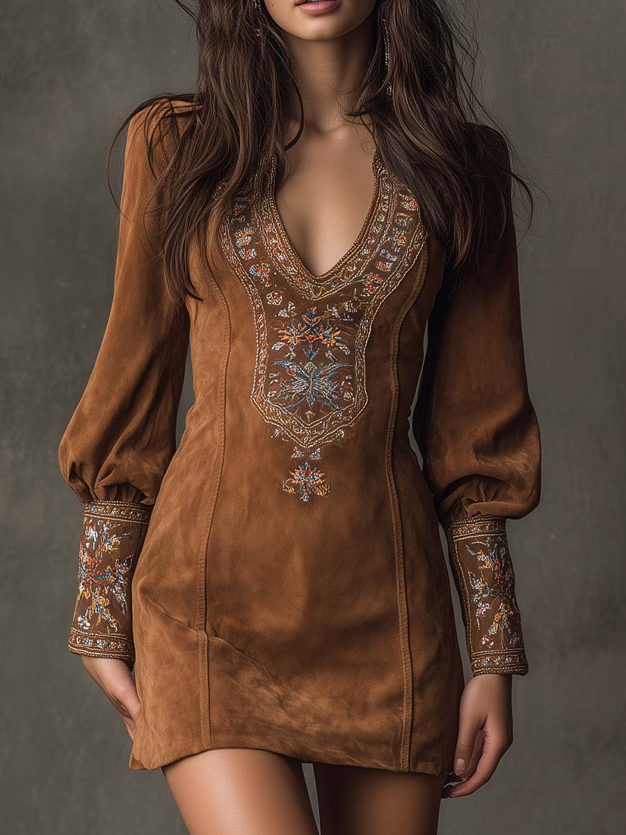Damen Minikleid mit Blumenstickerei und eleganten Puffärmeln. Kurzes, besticktes Sommerkleid mit V-Ausschnitt.