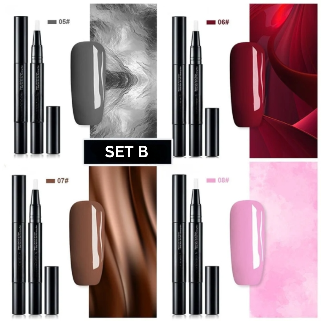 Frau hält Nagelgel Stifte für detailreiche Maniküre. Präzise Nagellackstifte für kreative Nail Art.