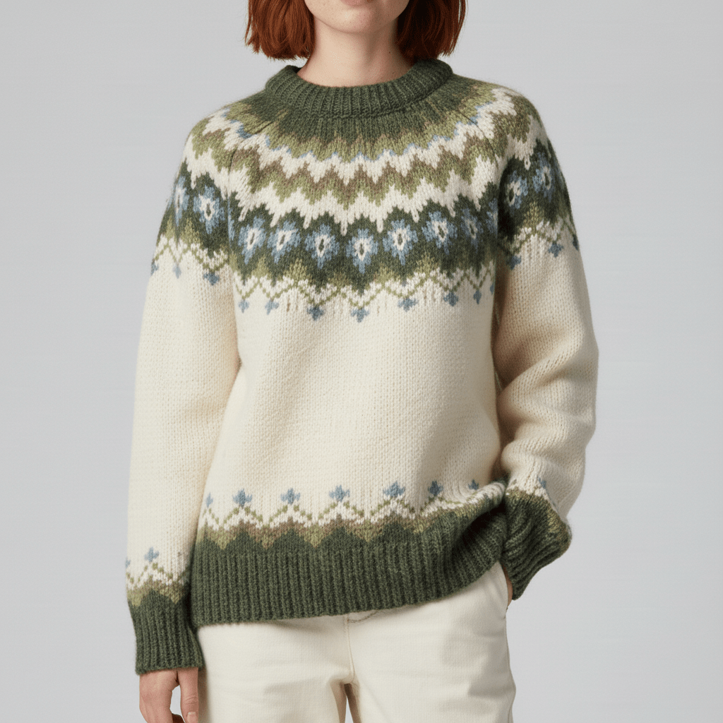 Kuscheliger Damen Winterpullover aus Strick mit nordischem Design & hohem Kragen.