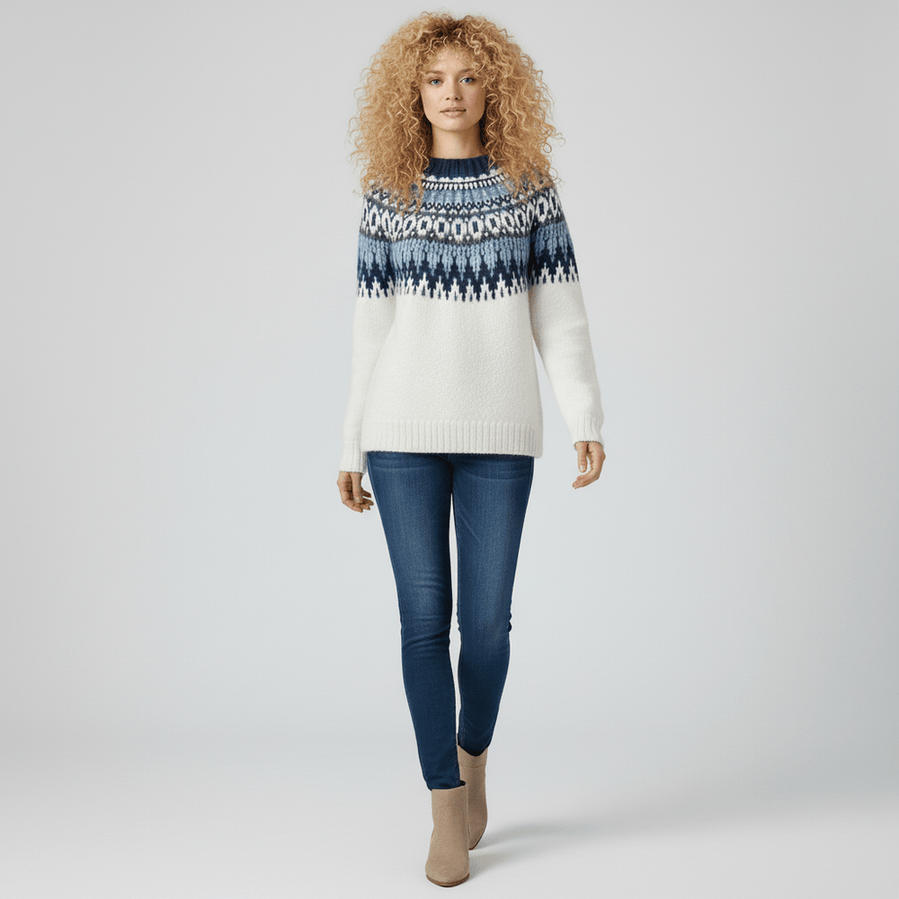 Audrey Damen Winterpullover, nordisch inspiriert mit hohem Kragen & elegantem Strickmuster.