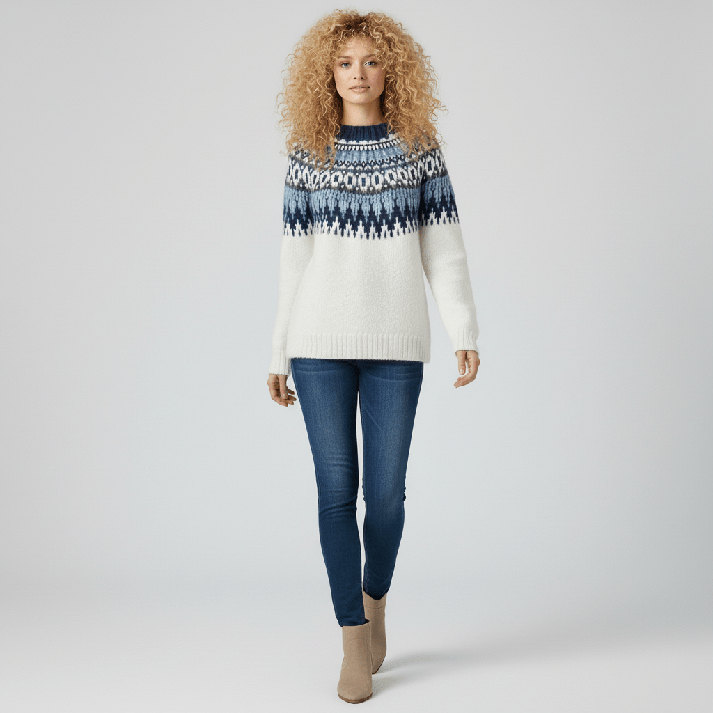 Audrey Damen Winterpullover, nordisch inspiriert mit hohem Kragen & elegantem Strickmuster.