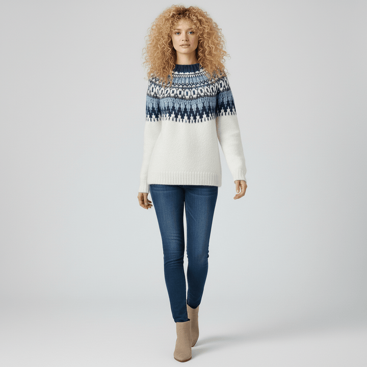 Audrey Damen Winterpullover, nordisch inspiriert mit hohem Kragen & elegantem Strickmuster.