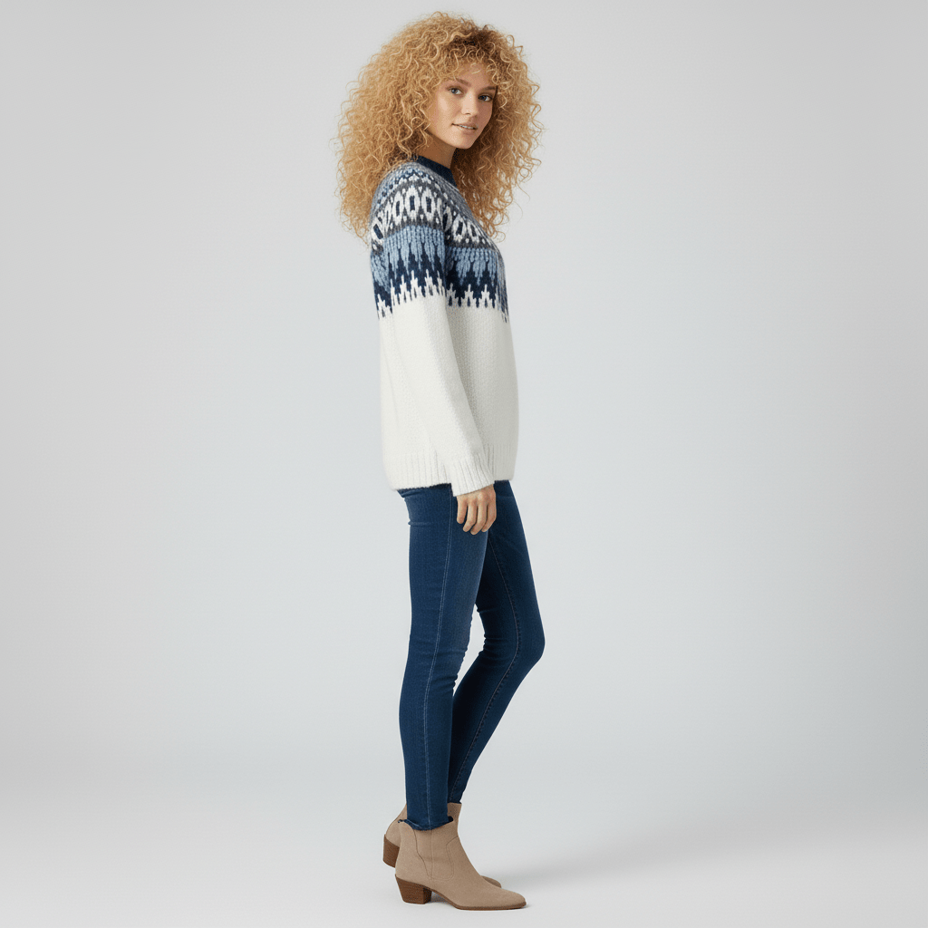 Warmer, gemütlicher Damen Strickpullover im nordischen Stil; perfekt für kalte Wintertage.