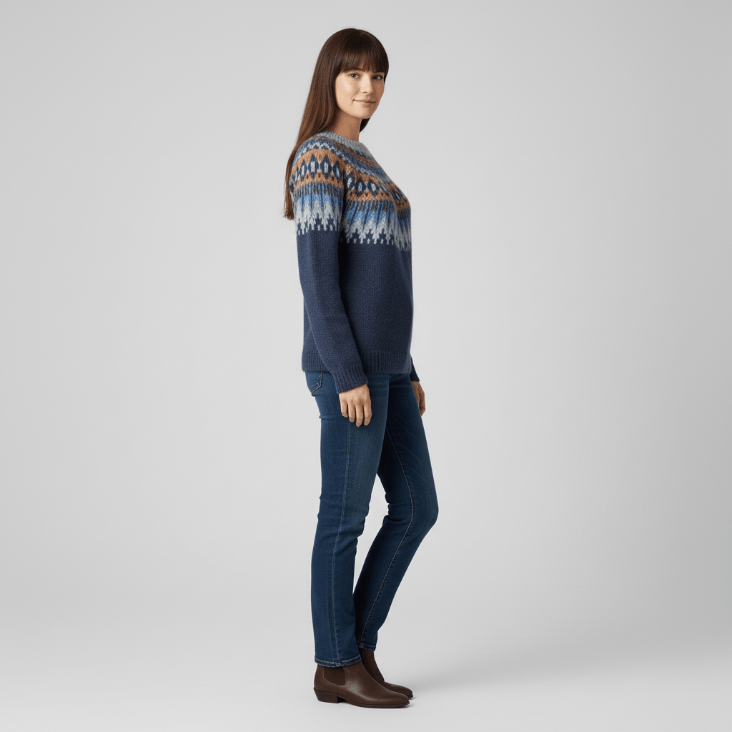 Detailaufnahme des gestrickten Nordisch-Musters auf dem warmen Damen Winterpullover.