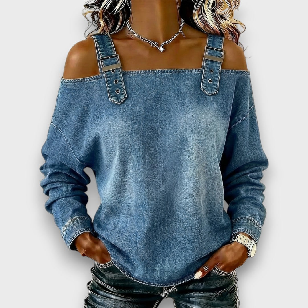 Damen Off-Shoulder Jeans-Top in Hellblau für einen lässigen Sommer-Look; ideal für Freizeit-Outfits.