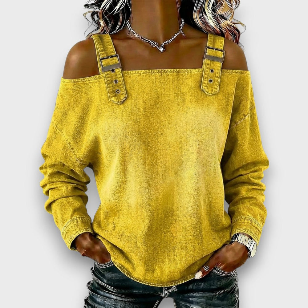 Feminin geschnittenes Damen Top im Jeans-Look mit Off-Shoulder-Ausschnitt, perfekt für warme Tage und Urlaube.
