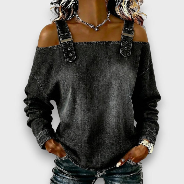 Kurzärmliges Damen Off-Shoulder Blusen-Top aus Denim-Stoff; stylisches Freizeit-Outfit für den Sommer.