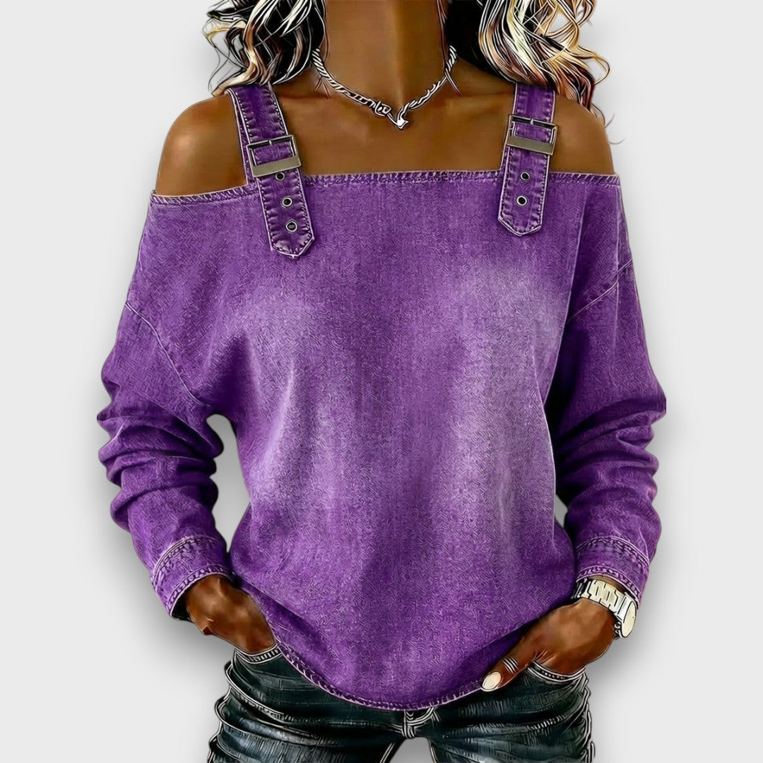 Elegantes Damen Jeans-Top mit Off-Shoulder Design; vielseitig kombinierbar für lässige bis schicke Anlässe.
