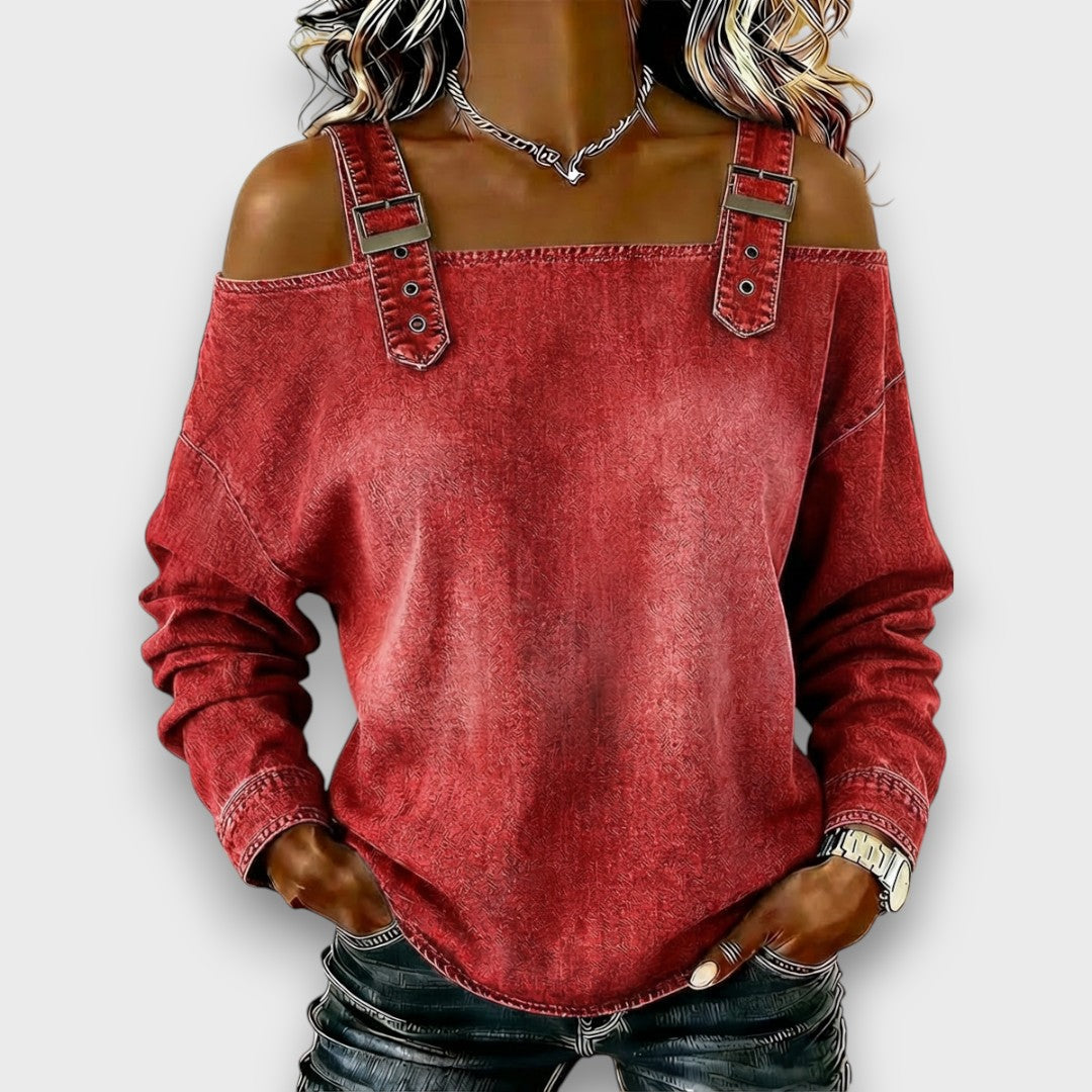 Modisches Damen Sommer-Top mit Off-Shoulder-Schultern und Jeans-Optik; bequemer, femininer Stil.