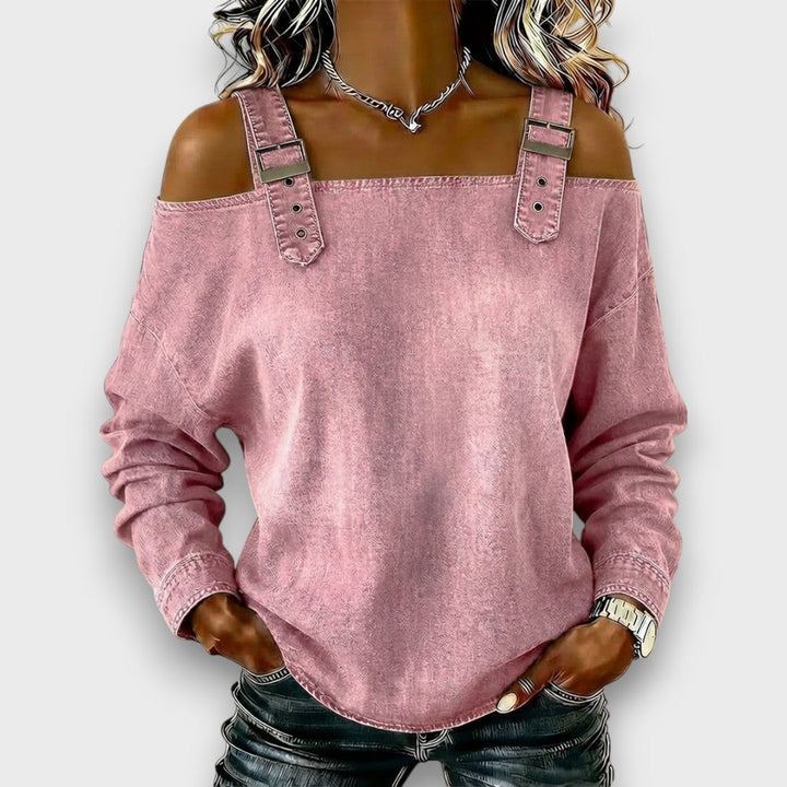 Lässiges Damen Off-Shoulder Blusen-Top aus leichtem Jeans-Material, ideal für entspannte Freizeit-Outfits.