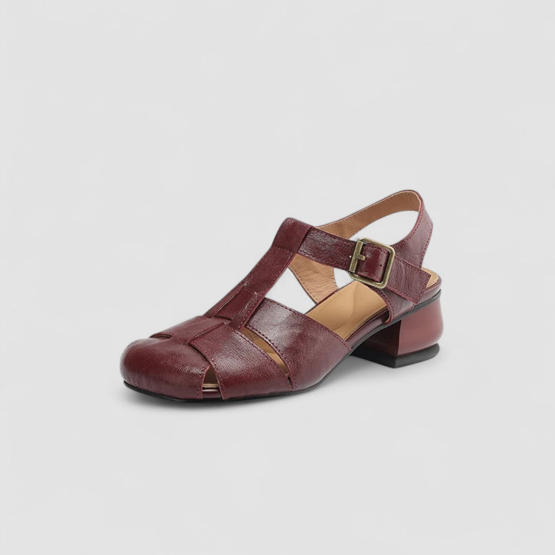 Braune Orthopädische Mary Jane Schuhe für Damen. Komfortabler, verstellbarer Stil mit Blockabsatz.