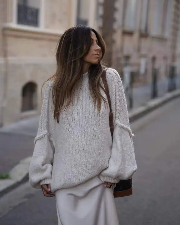Damen Oversize Strickpullover mit Fluffy Mock Neck. Warmer, bequemer Kuschelpullover für Herbst & Winter.