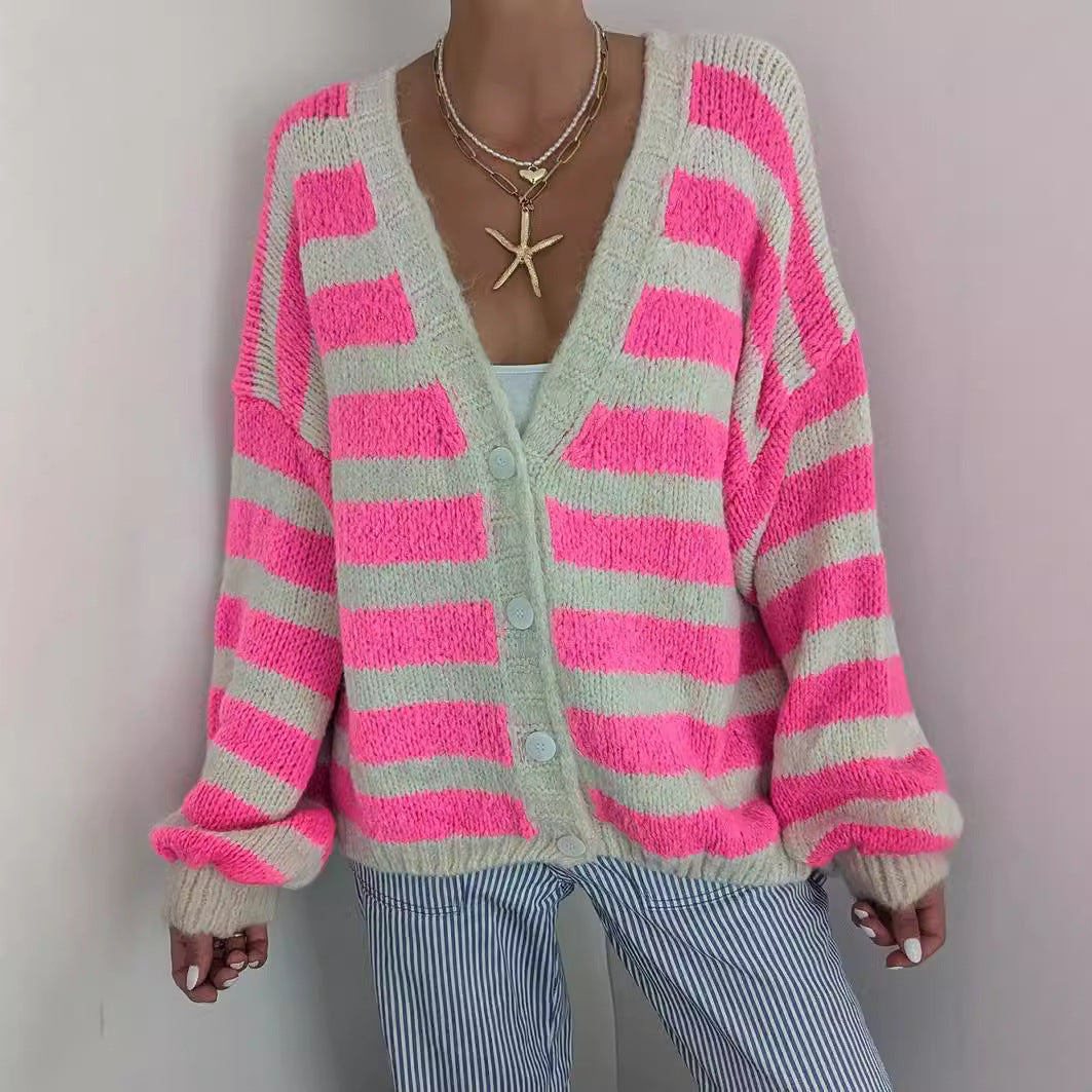 Lässige Damen Oversized Strickjacke, gestreift, perfekt für Frühling & Herbstmode. Bequemer V-Ausschnitt Cardigan.