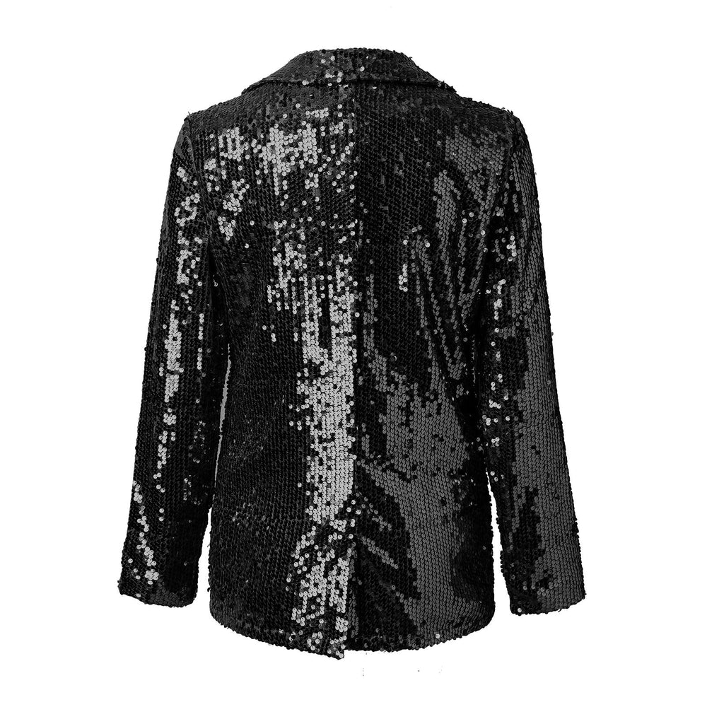 Nahaufnahme des Damen Pailletten-Blazers, zeigt den funkelnden Glitzer und die hochwertige Verarbeitung.