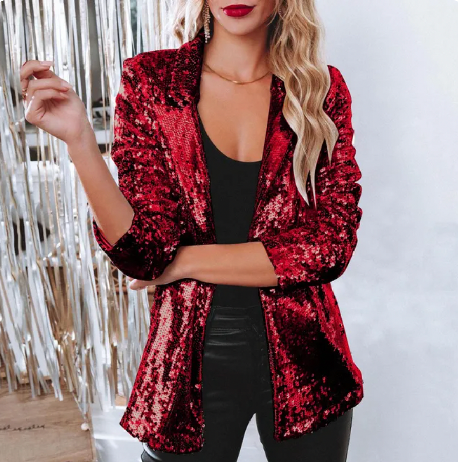 Damen Pailletten-Blazer kombiniert für einen festlichen Look, eine schicke Jacke für jeden Anlass.