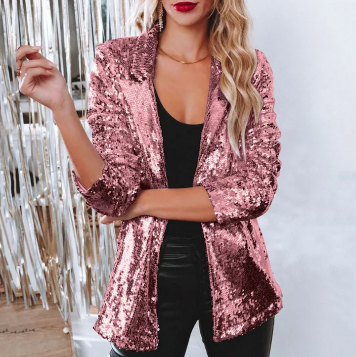 Seitliche Ansicht des eleganten Damen Pailletten-Blazers, ein glamouröses Oberteil für Party und Abend.