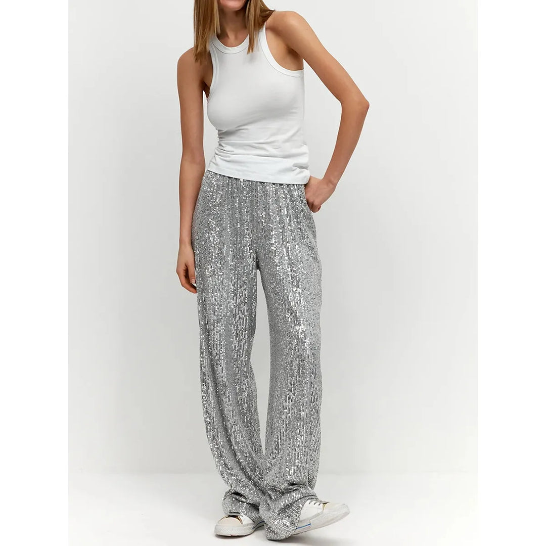 Damen Paillettenhose, silber, glamourös & festlich. Perfekte Glitzerhose für elegante Partys & Abendmode.