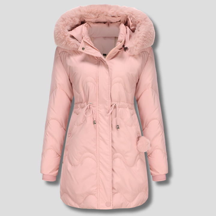 Warmer, wasserabweisender Damen Langmantel Victoria mit Kapuze. Komfortabler Schutz für kalte Tage und Freizeit.