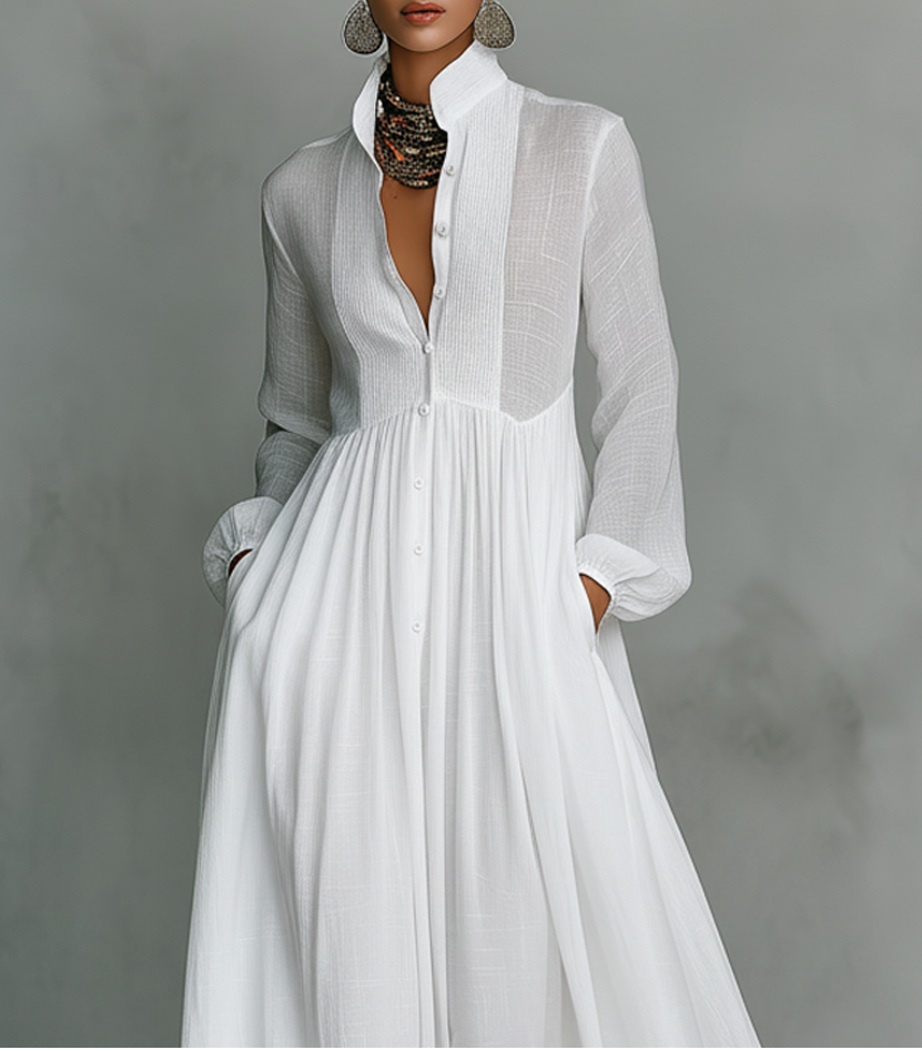 Trendiges Damen Patchwork Maxi-Kleid mit hohem Kragen & langen Ärmeln. Perfektes lockeres Kleid für Frühling & Herbst.