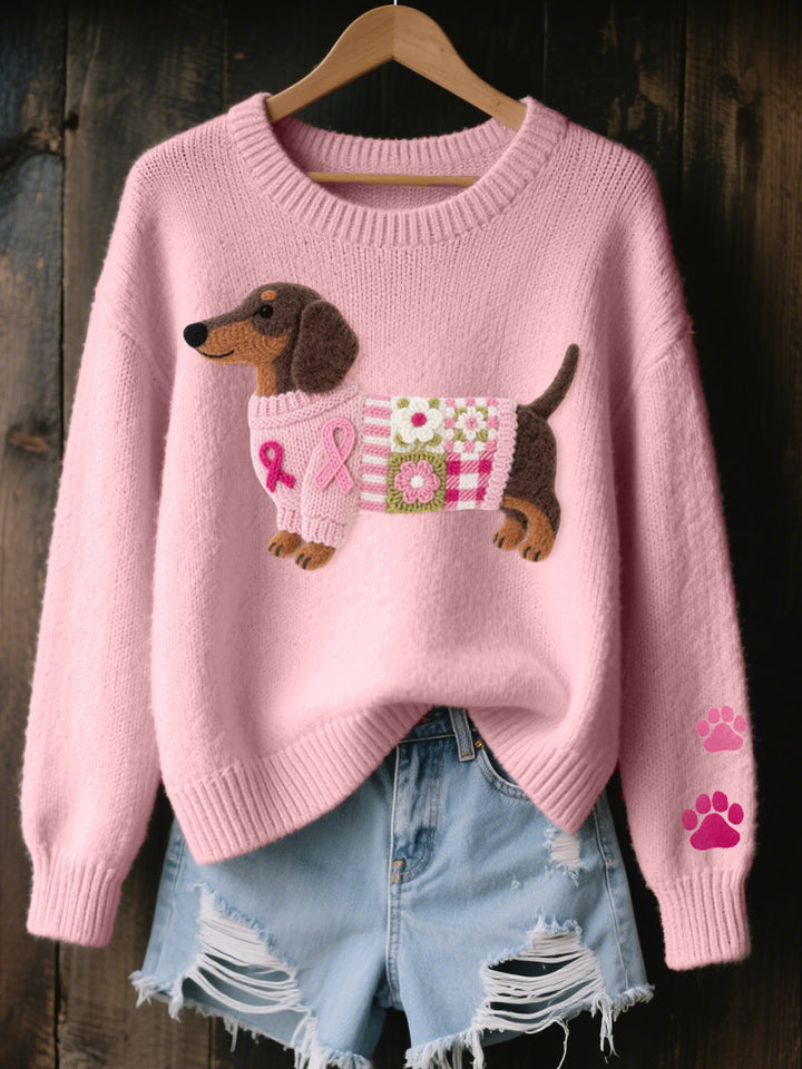 Damen Patchwork Pullover mit Dackel-Design in Rosa, Weiß, Lila, Beige. Lockerer Freizeit-Pullover.