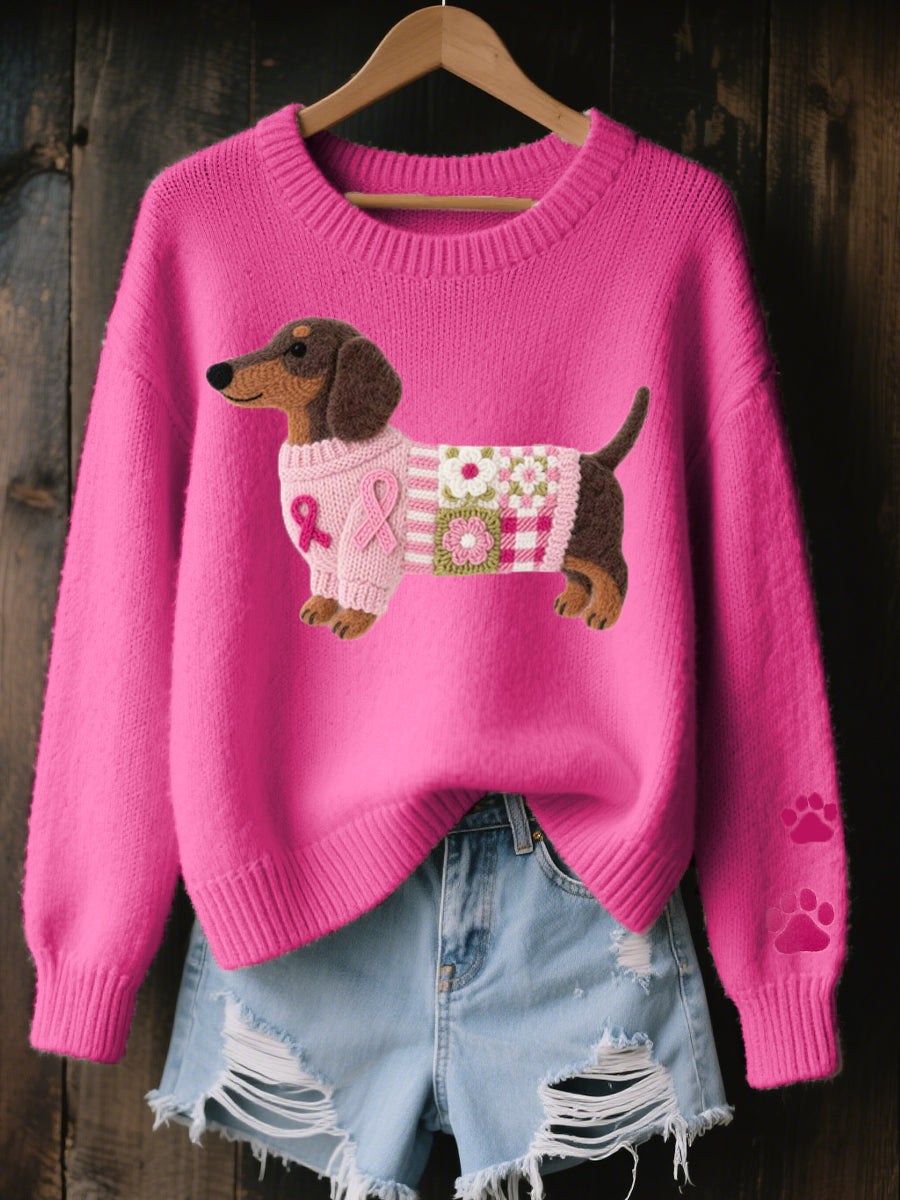 Bequemer Damen Patchwork Pullover mit süßem Dackel-Motiv. Ideal für Freizeit und Komfort.