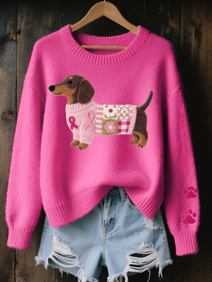 Bequemer Damen Patchwork Pullover mit süßem Dackel-Motiv. Ideal für Freizeit und Komfort.