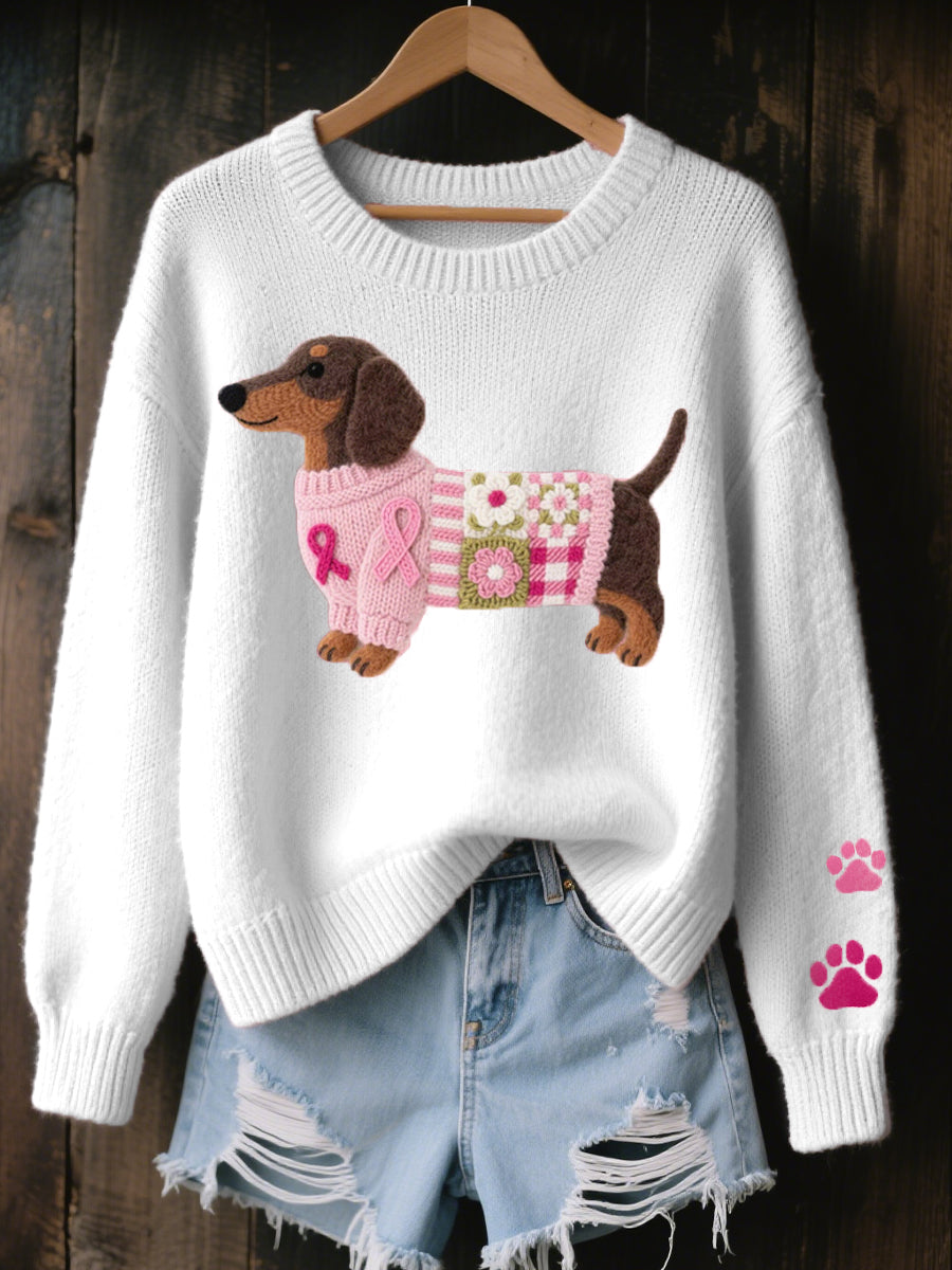 Stylischer Damen Patchwork Pullover mit Dackel-Motiv. Trendiger Freizeit-Look in Rosa, Weiß, Lila, Beige.