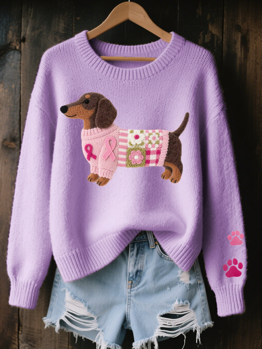 Detail des niedlichen Dackel-Motivs auf dem Damen Patchwork Pullover. Weicher Stoff, rosa, weiß, lila.