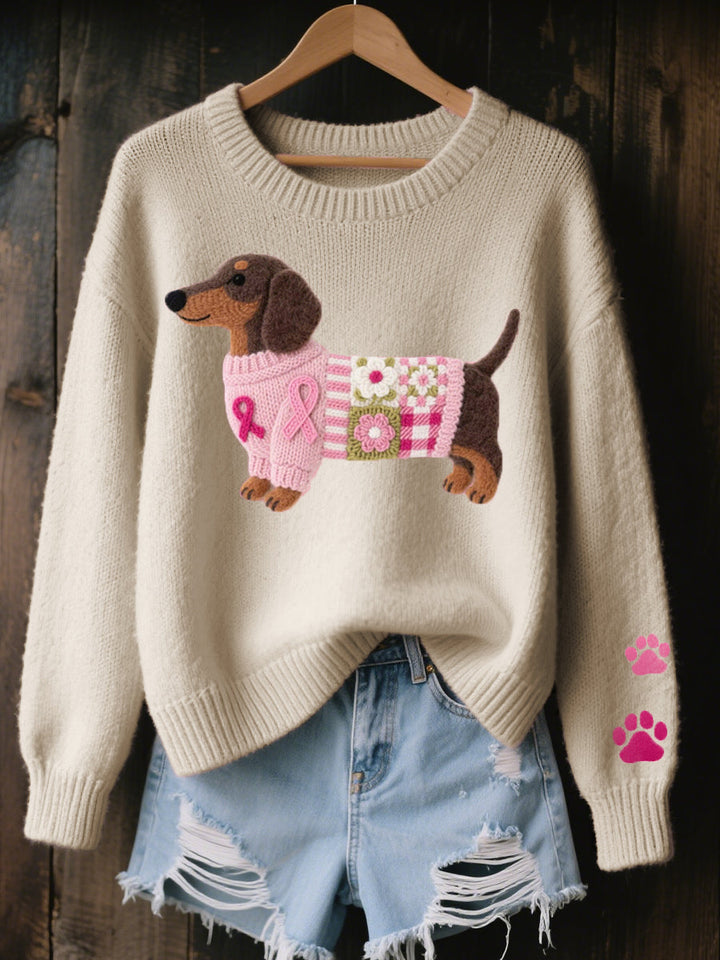 Locker geschnittener Damen Patchwork Pullover mit niedlichem Dackel-Design. Bequemer Freizeit-Pullover.