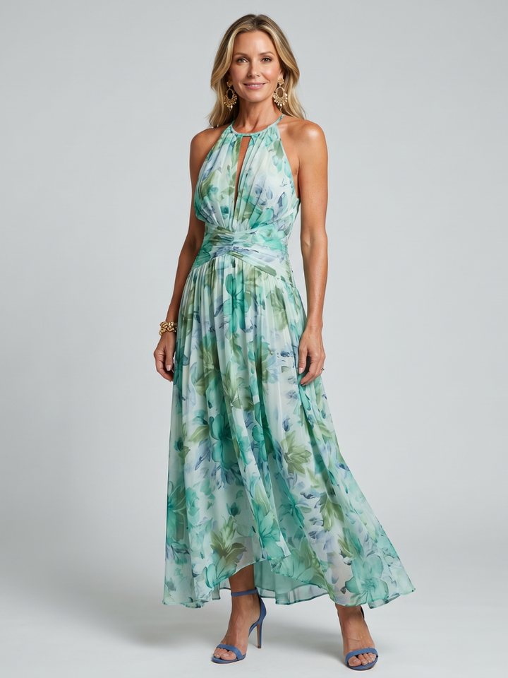 Damen Plissiertes Halfter Midikleid mit Blumenmuster, elegant und sommerlich. Ideal für Freizeit.