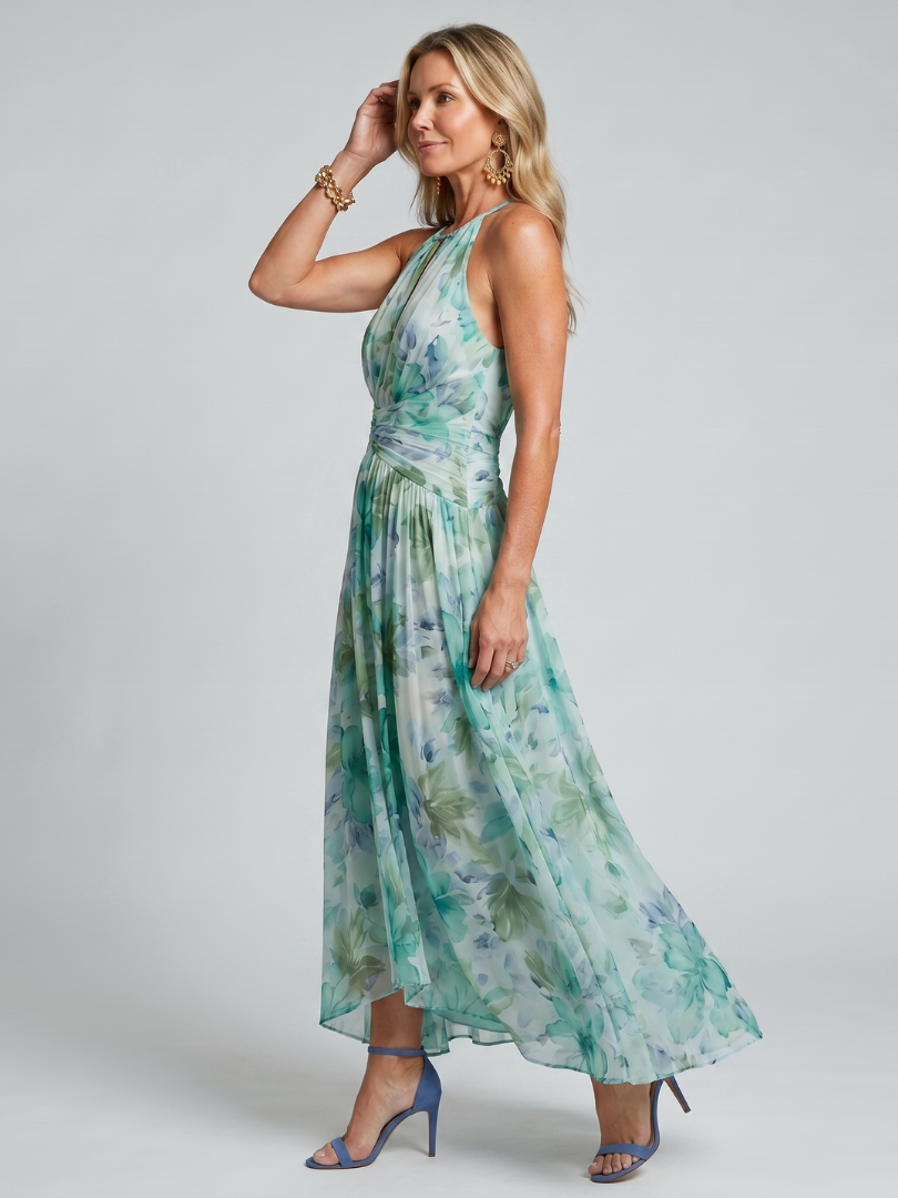 Elegantes Halfter Midikleid für Damen, plissiert mit floralem Muster, perfekt für Party & Urlaub.