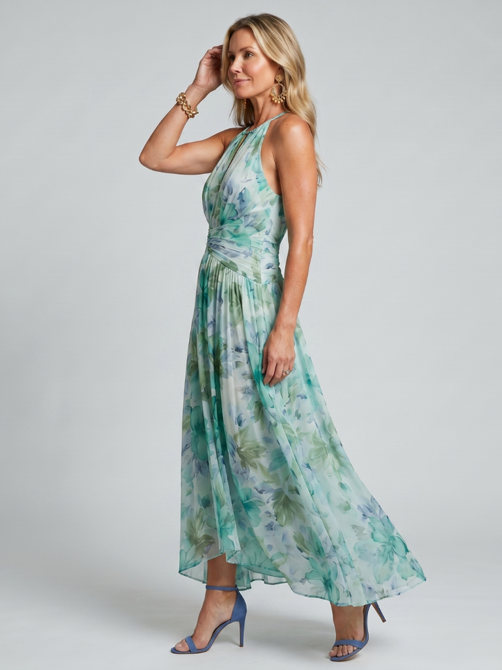 Elegantes Halfter Midikleid für Damen, plissiert mit floralem Muster, perfekt für Party & Urlaub.
