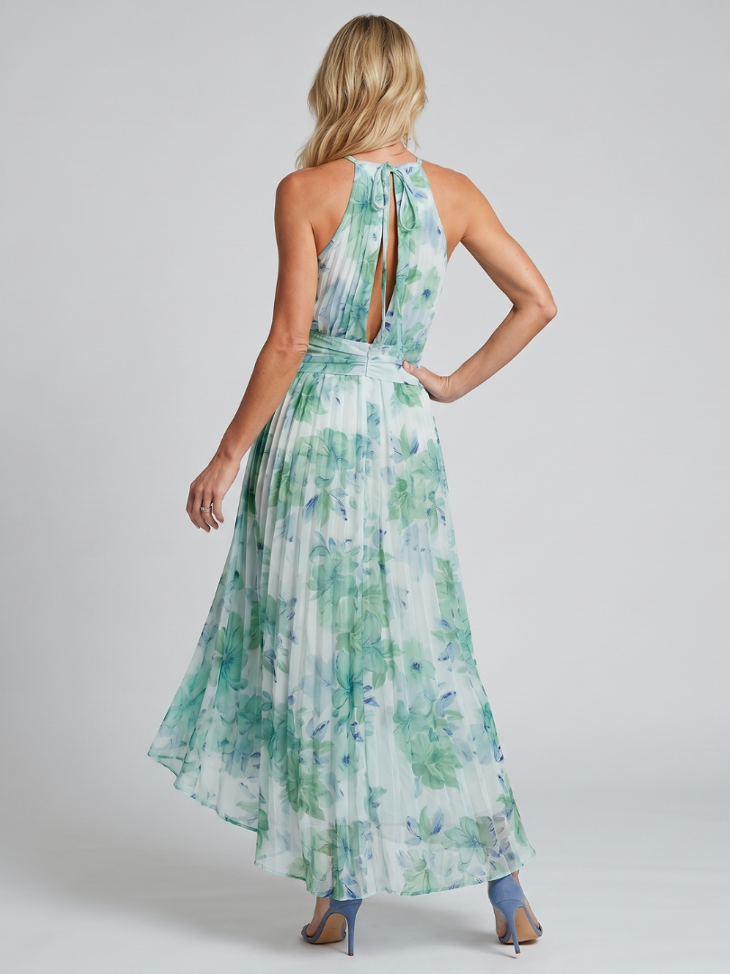 Fließendes, plissiertes Damen Halfter Midikleid mit lebhaftem Blumenmuster und edlem Schnitt.