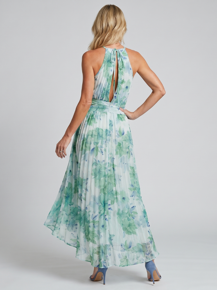 Fließendes, plissiertes Damen Halfter Midikleid mit lebhaftem Blumenmuster und edlem Schnitt.