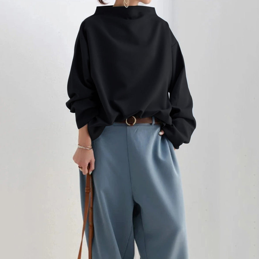 Lässiger Damen Pullover Ivy in Schwarz, mit modischem Schalkragen, langer Ärmel & bequemer weiter Passform.