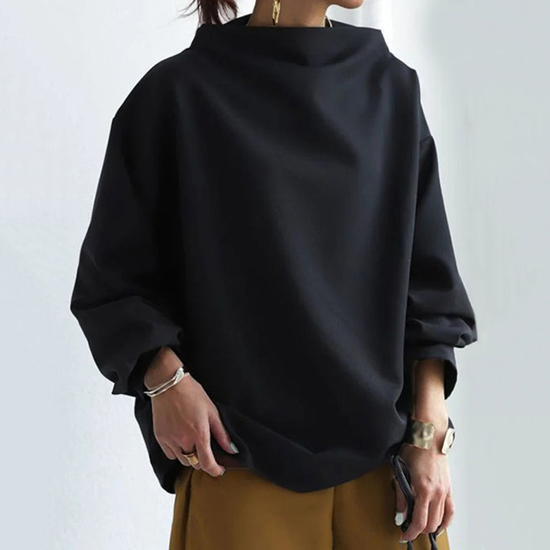 Schwarzer Damen Strickpullover mit weitem Schalkragen & lässiger Passform, langärmlig, elegant & bequem.