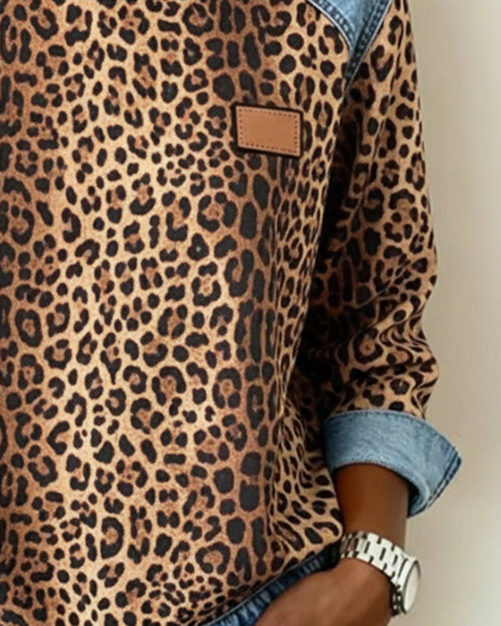 Langarm Damen Sweatshirt mit Rundhalsausschnitt, Leopardenmuster und Patchwork-Details, casual Look.