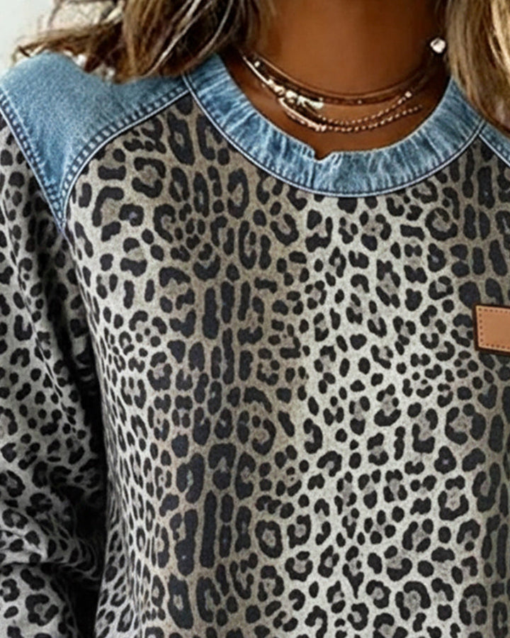 Damen Pullover im angesagten Leopardenmuster Patchwork-Design, bequemes Langarm-Sweatshirt.