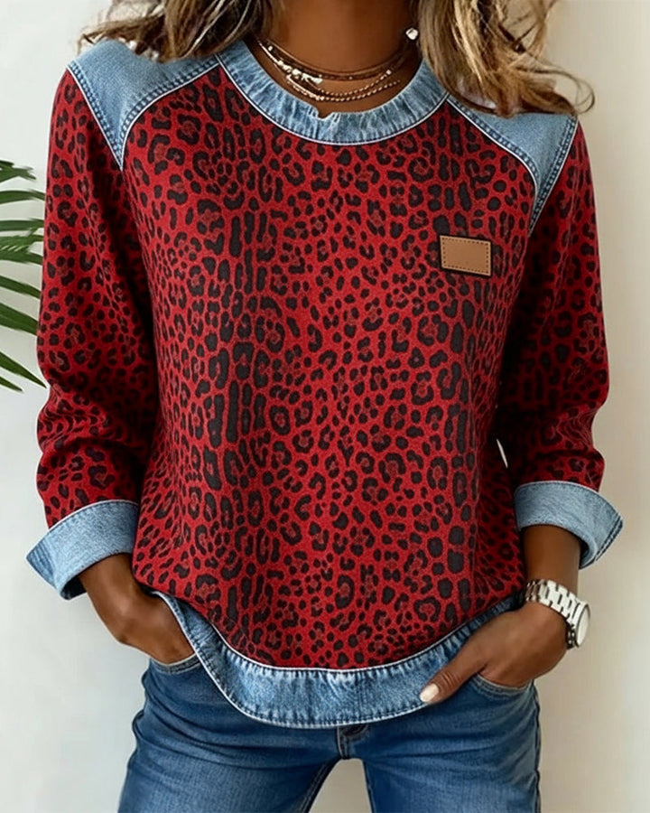 Casual Damen Leopardenmuster Patchwork Pullover, Langarm Sweatshirt für stilvolle Herbst-Looks.