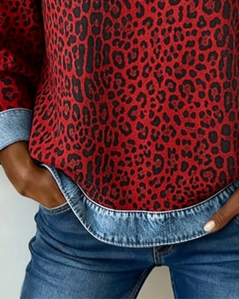 Vielseitiger Damen Leopardenmuster Patchwork Pullover, bequem für Casual-Looks im Herbst und Winter.