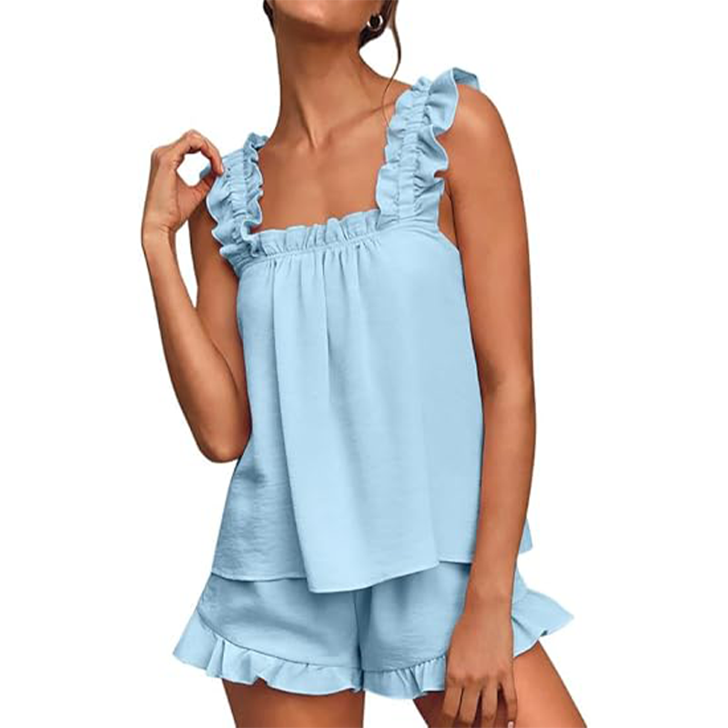 Stylisches Damen Pyjama-Set mit Rüschen, weich und luftig, die perfekte Wahl für entspannte Tage zu Hause.