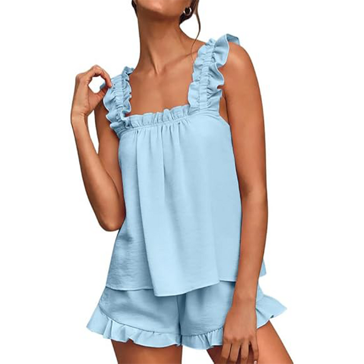 Stylisches Damen Pyjama-Set mit Rüschen, weich und luftig, die perfekte Wahl für entspannte Tage zu Hause.